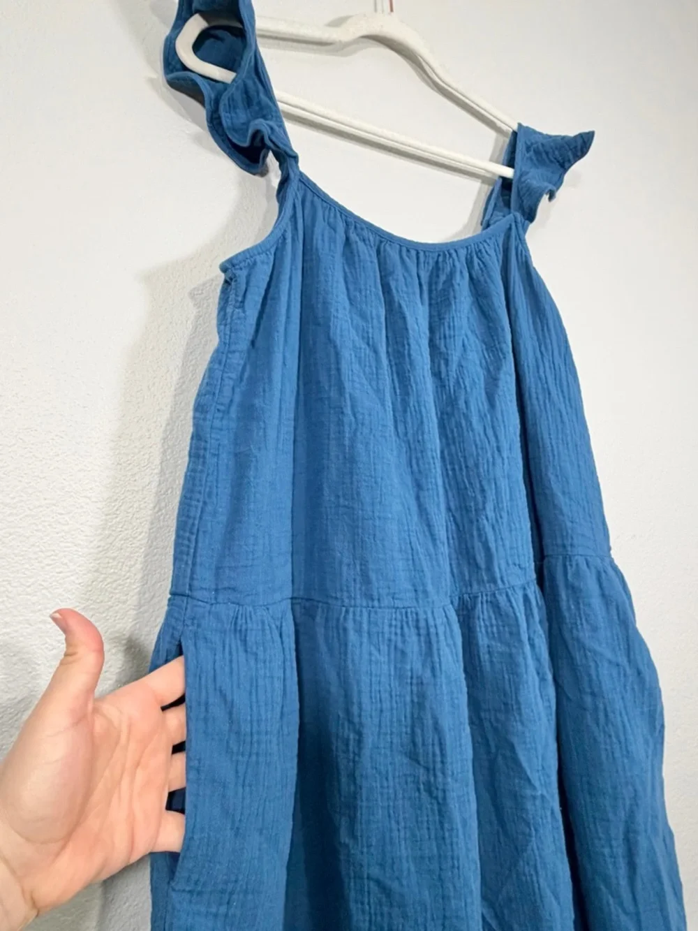 J. Crew Dress Ruffle Straps Maxi Spring Summer Pockets 100% Cotton Blue Women XL